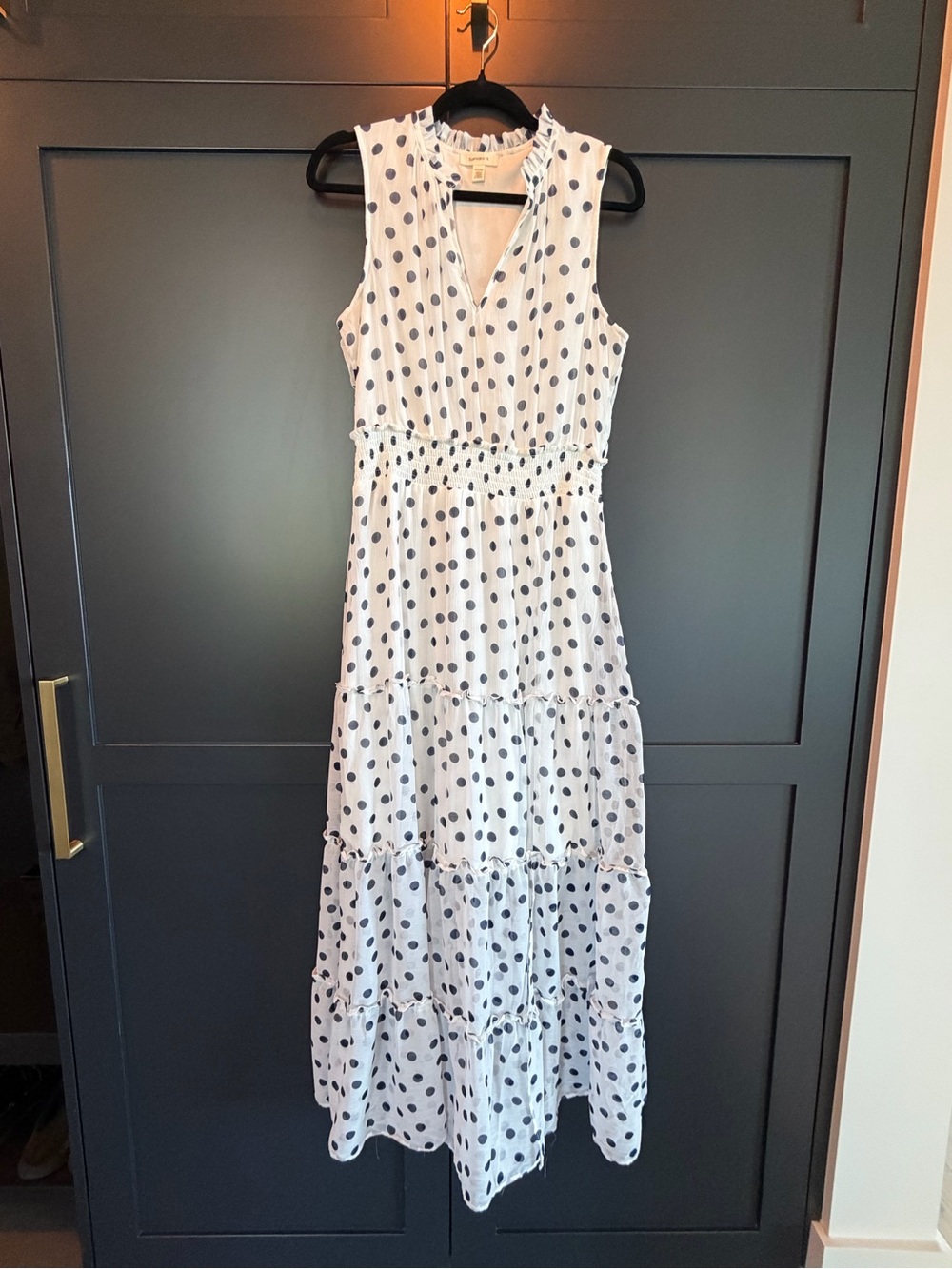 Sleeveless White Maxi Dress with Navy Polka Dots - Smocked Waist, Tiered Skirt